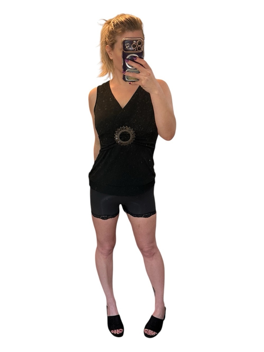 Vintage Y2K Bisou Bisou Black Sleeveless V-Neck Tank with Decorative Buckle L - Picture 6 of 6